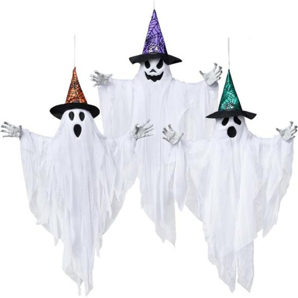 3 Pack 24.8" Hanging Ghost Decorations, Halloween White Ghost with Hats
